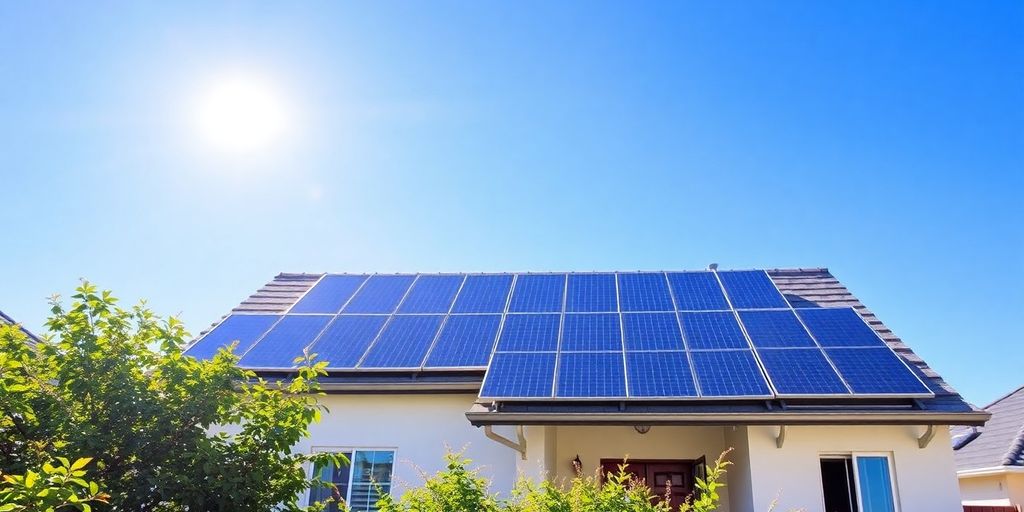 Home with solar panels under a clear blue sky.