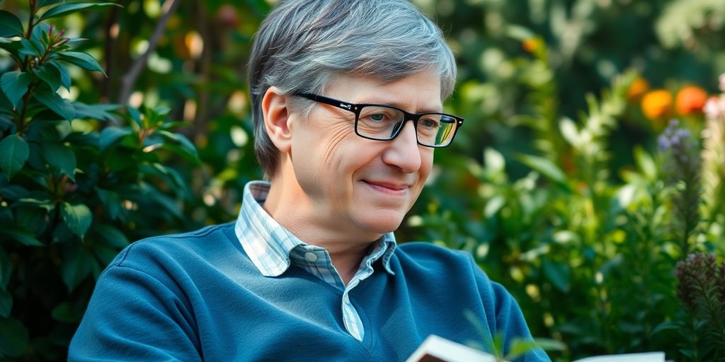 Bill Gates reading in a serene garden setting.