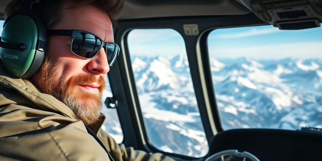 A helicopter pilot flying over vast, snowy Alaskan mountains.