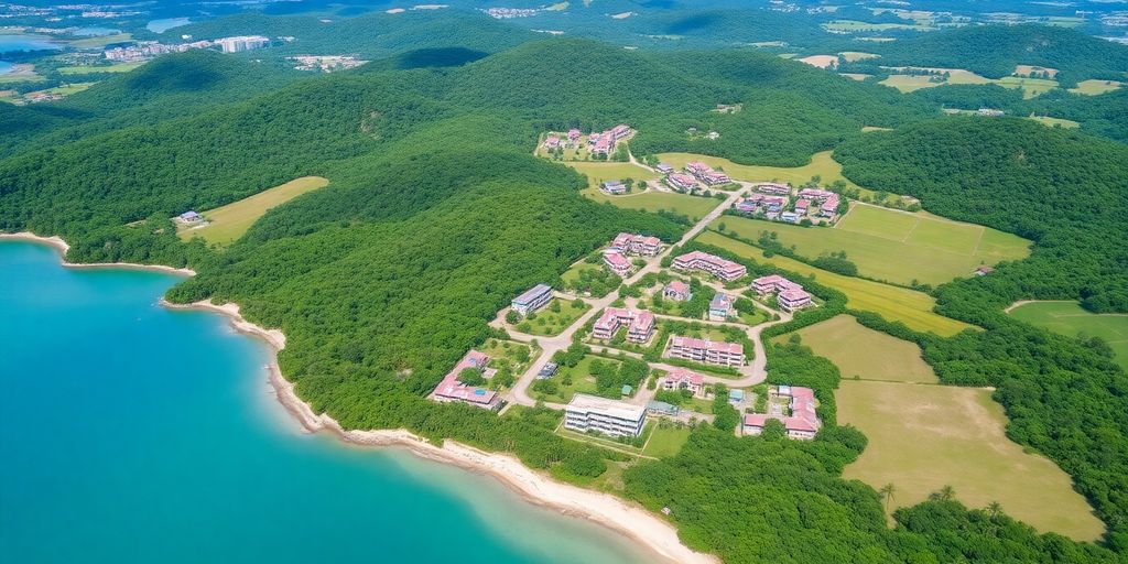 Aerial view of lush land in Thalang District, Thailand.