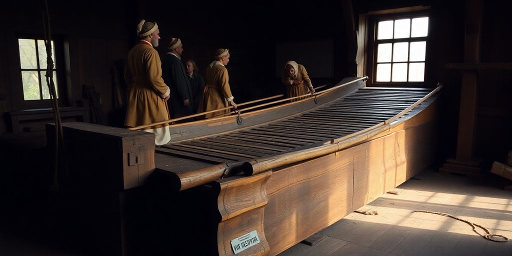 Ancient treadmill with figures, historical setting, detailed wood.