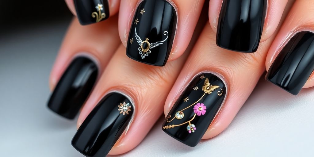 Unhas pretas decoradas com designs criativos e elegantes.