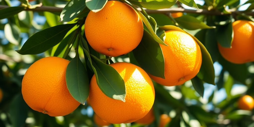 Close-up of bright, ripe oranges on a tree branch.