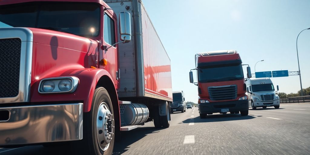 Large truck on highway with surrounding vehicles.