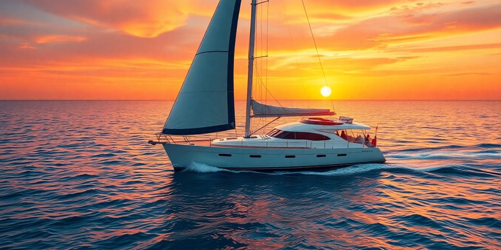 Sailboat gliding on turquoise water, sun setting.