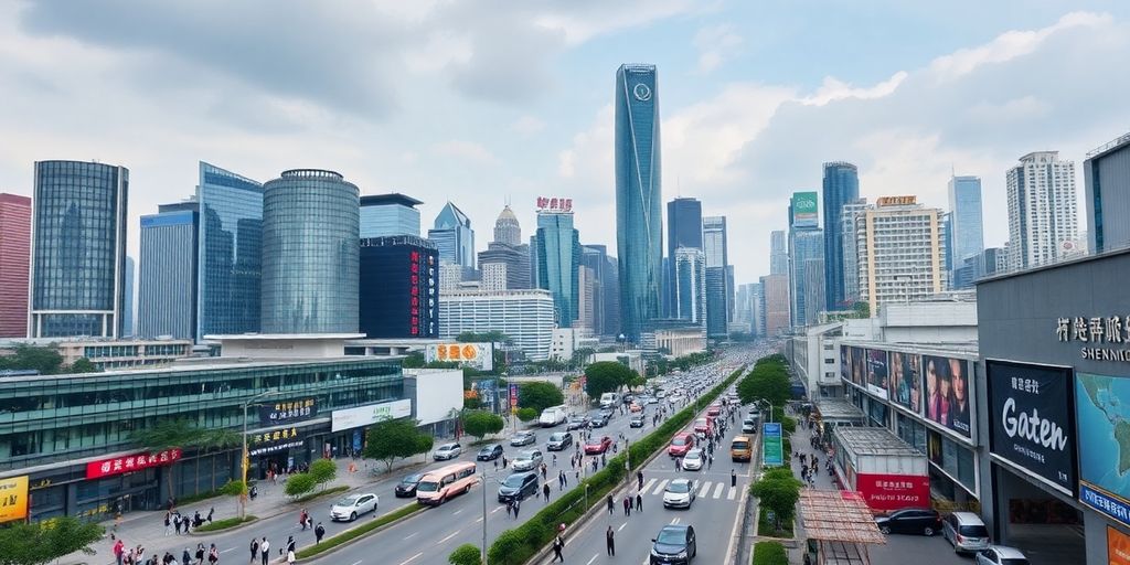 Shenzhen skyline with skyscrapers and busy streets.