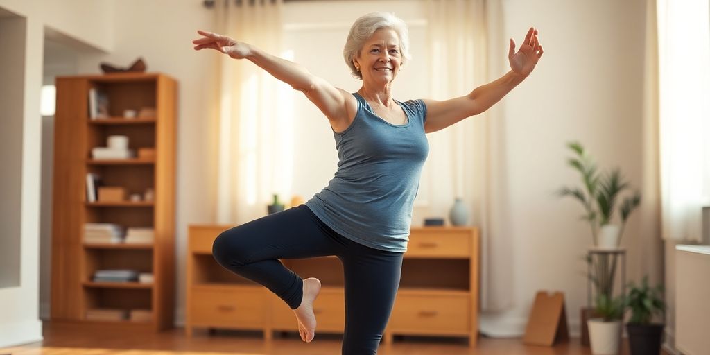 Woman balancing on one leg, arms outstretched.