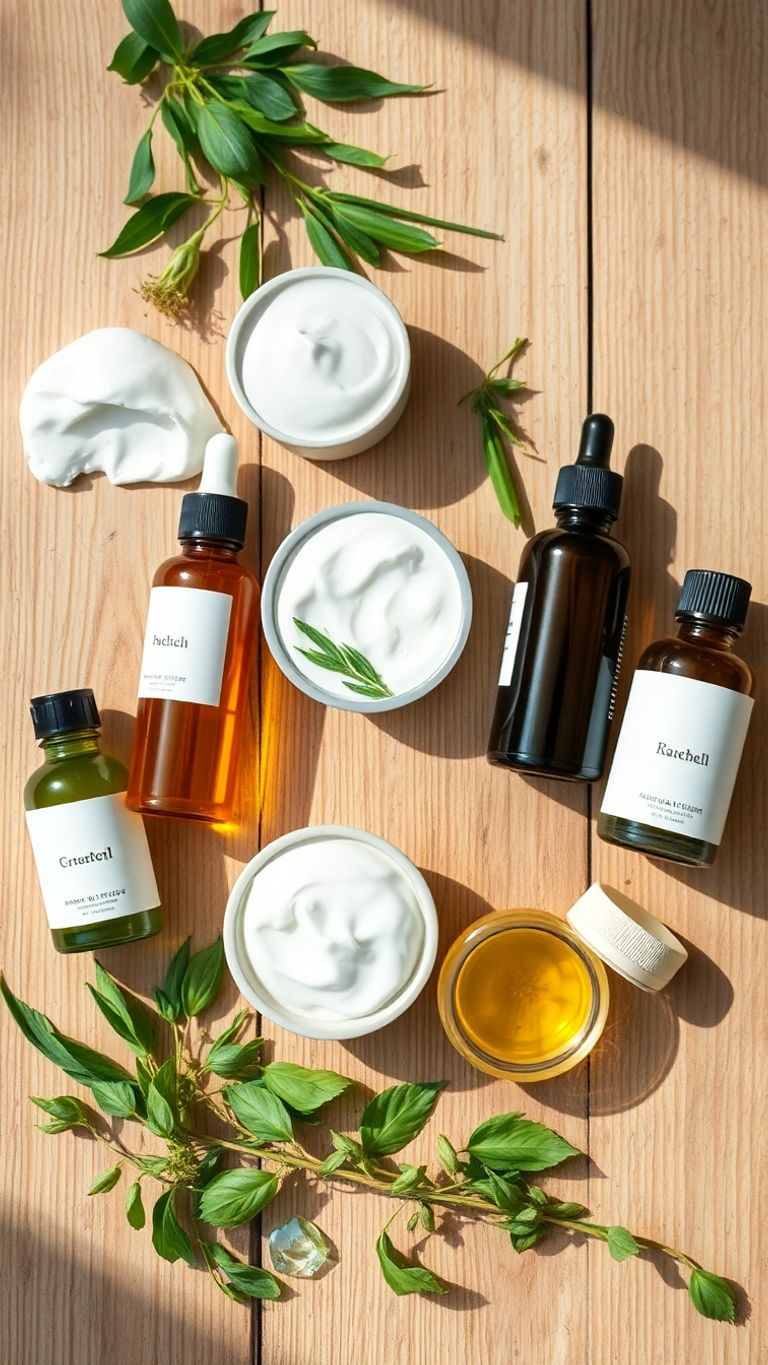 Natural skincare products and herbs on a wooden surface.