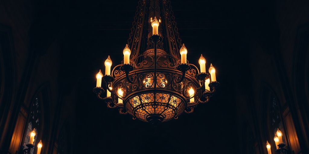 Gothic chandelier hanging in a dark room.