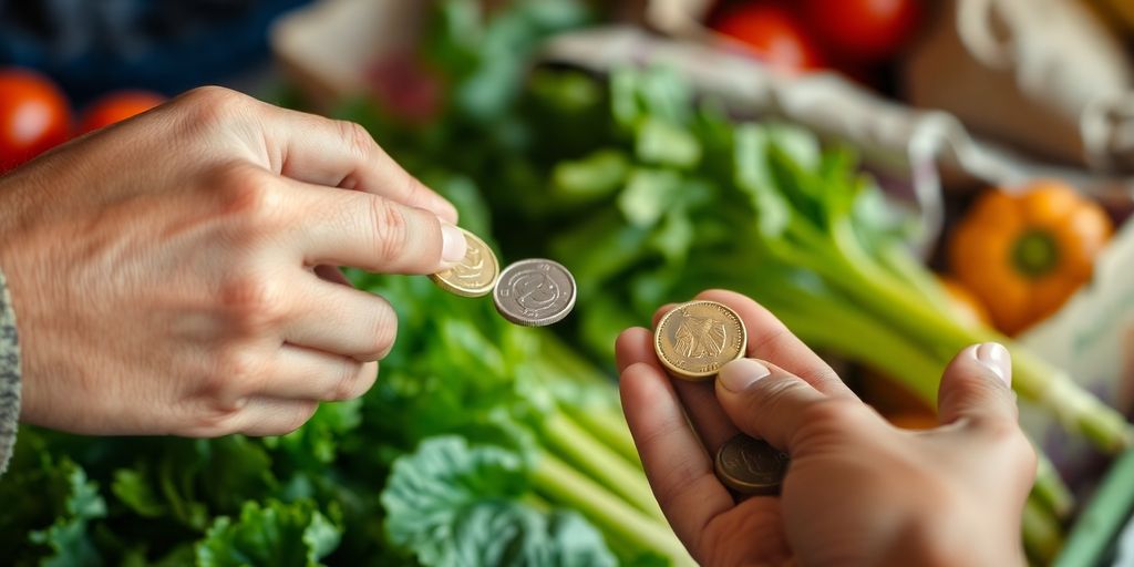 Main tendant des pièces, une autre des légumes.