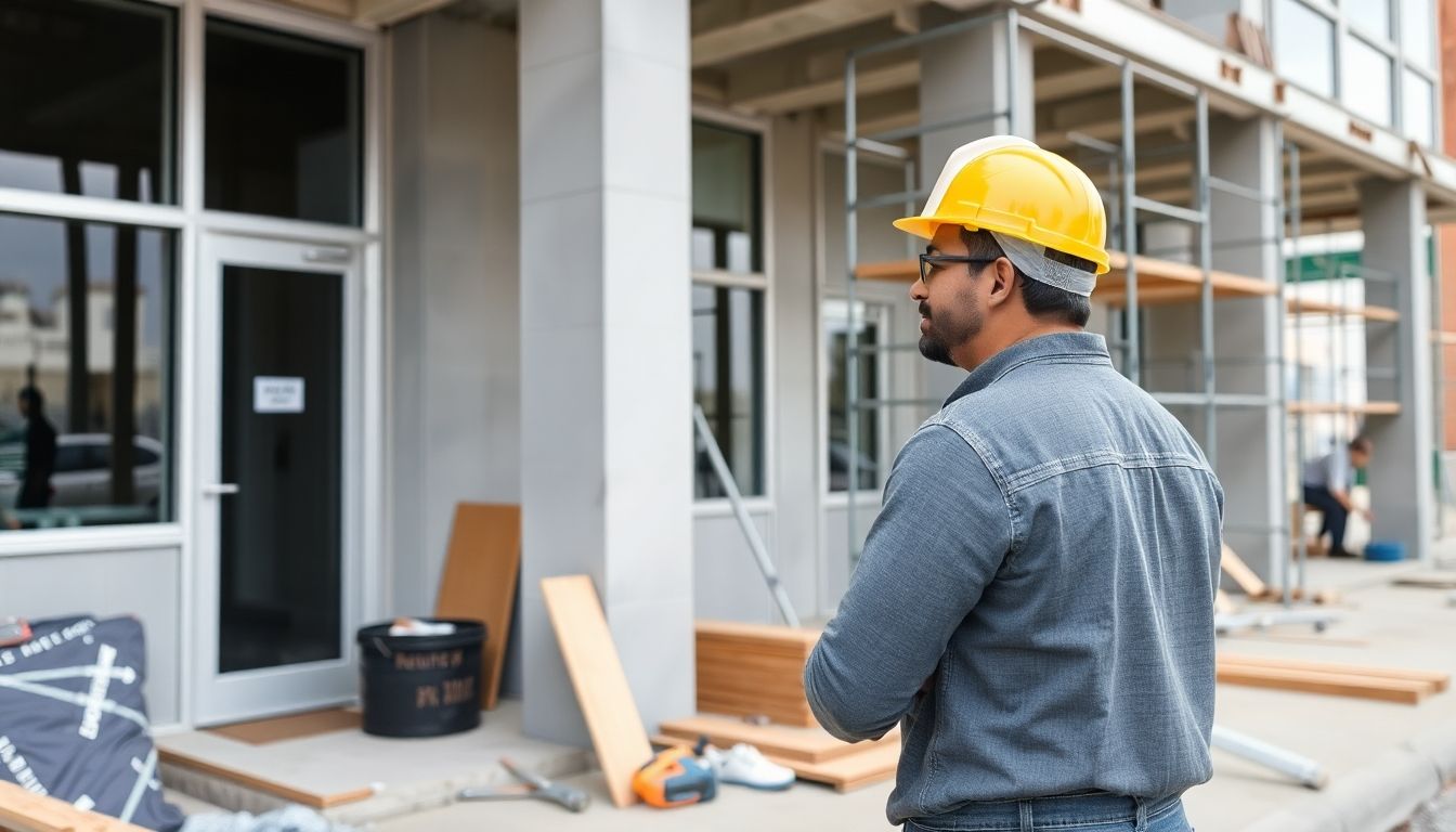 Construction worker inspecting a renovated commercial property.