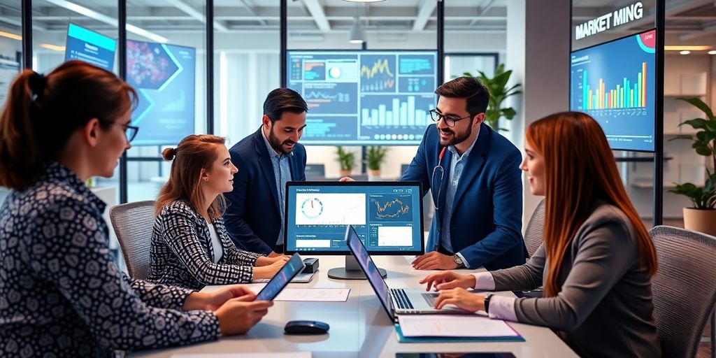 Profissionais de marketing médico em ambiente moderno e colaborativo.