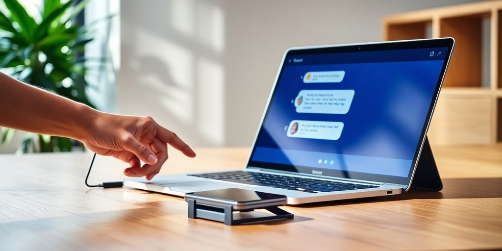 Person using laptop and smartphone chat app in modern workspace