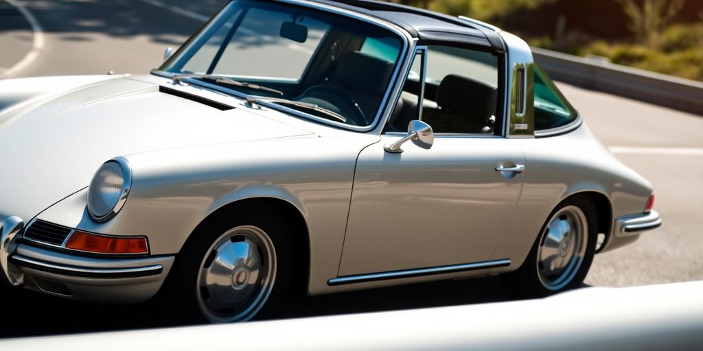 Porsche Targa with chrome roll bar driving on a road.