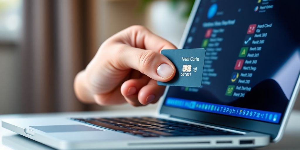 Mão segurando cartão de crédito ao lado de laptop.