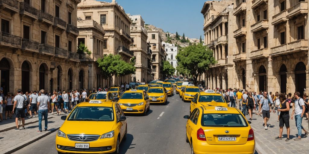 Yellow taxis and ride-sharing cars in Athens