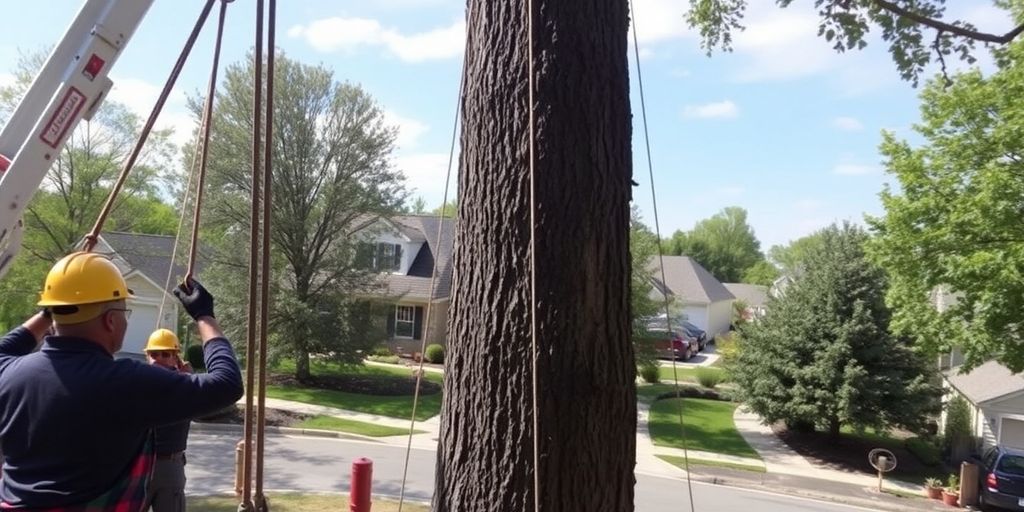 Tree being safely lowered by ropes and workers.