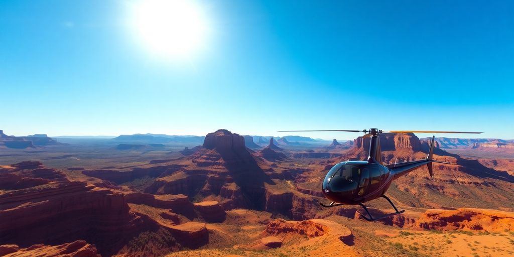 Helicopter flying over the red rock formations of Sedona.