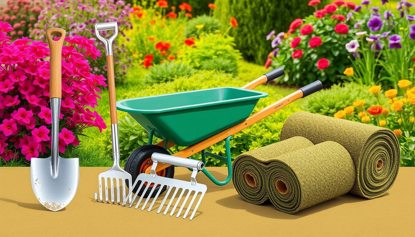 Essential garden turfing tools in a garden