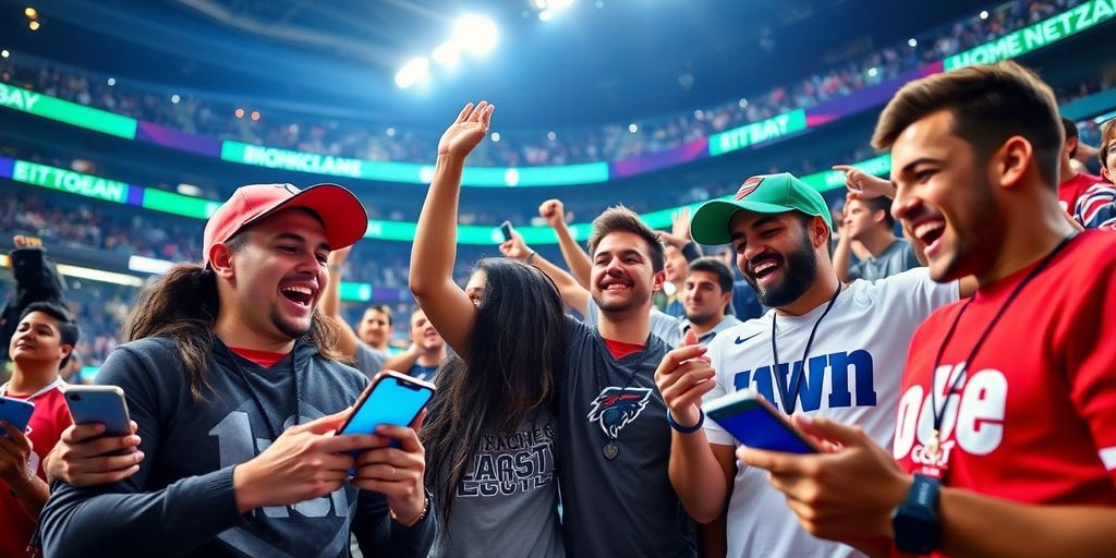 Fans at a stadium engaging with athletes using digital devices.