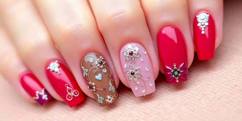 Unhas de gel coloridas e brilhantes em fundo neutro.