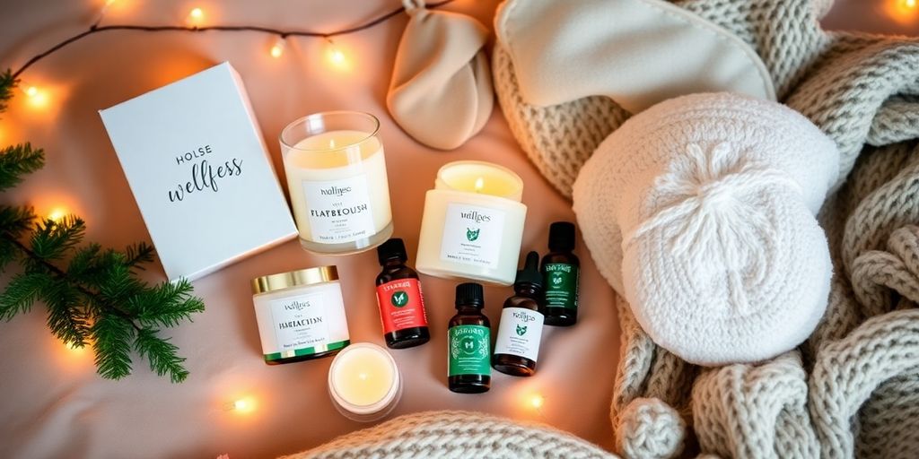 Wellness gifts for relaxation including candles and oils.