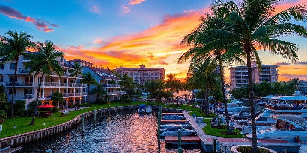 Vibrant sunset over Williams Island in Aventura, Florida.