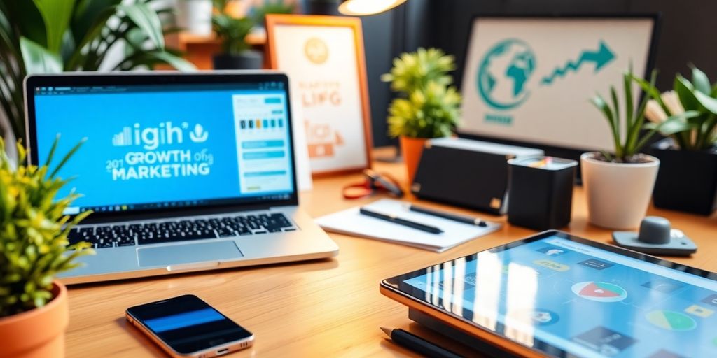 Workspace with laptop and smartphone for digital engagement.