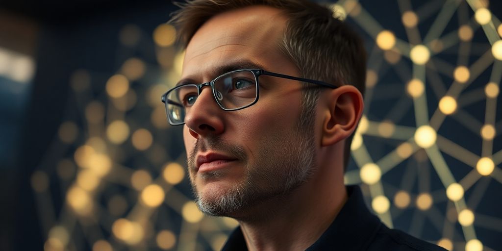 AI researcher in conversation, futuristic background.