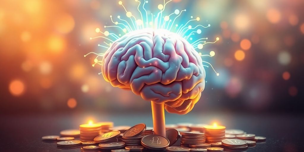 Colorful brain waves and symbols of wealth.