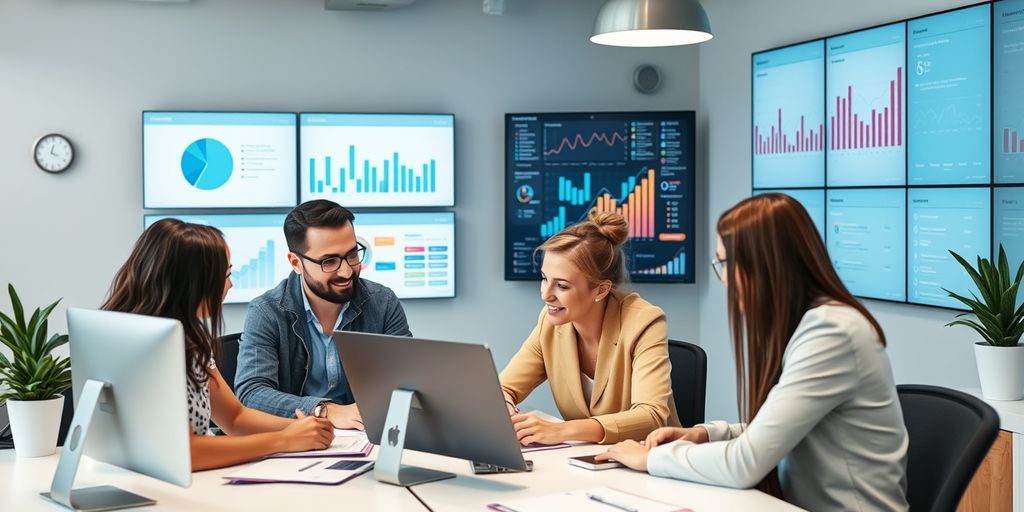 Profissionais de marketing digital colaborando no escritório