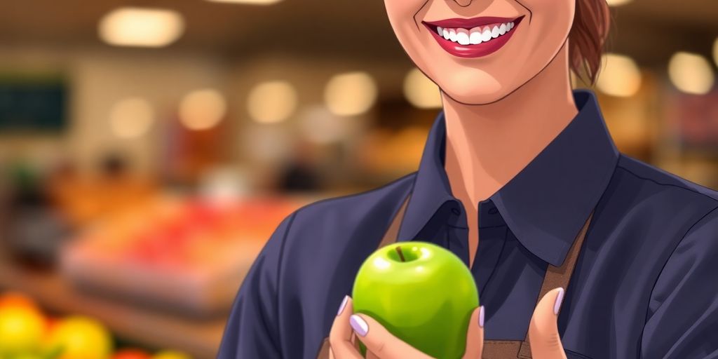 A close-up of a smiling cashier.