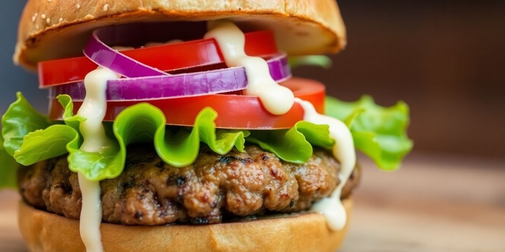 Veganer Burger mit Pattie, Salat, Tomate, Zwiebel und Sauce.
