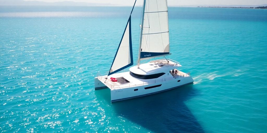 Catamaran sailing on sparkling blue ocean water.