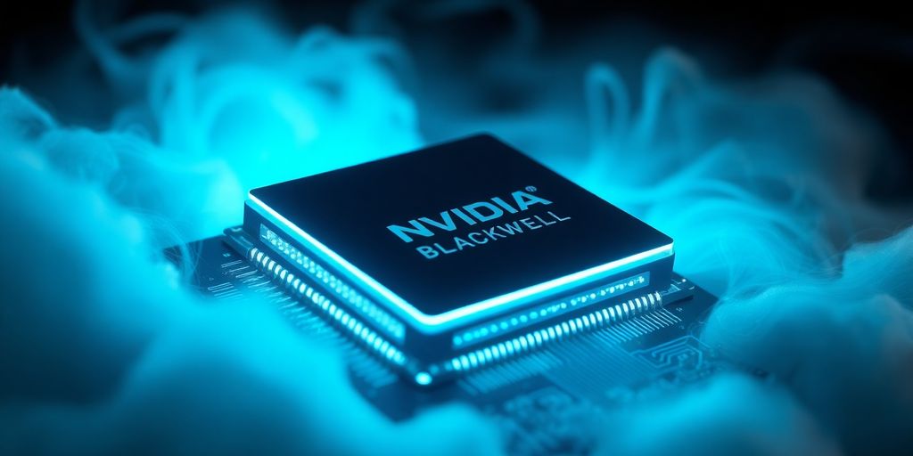 NVIDIA Blackwell chip with cloud background.