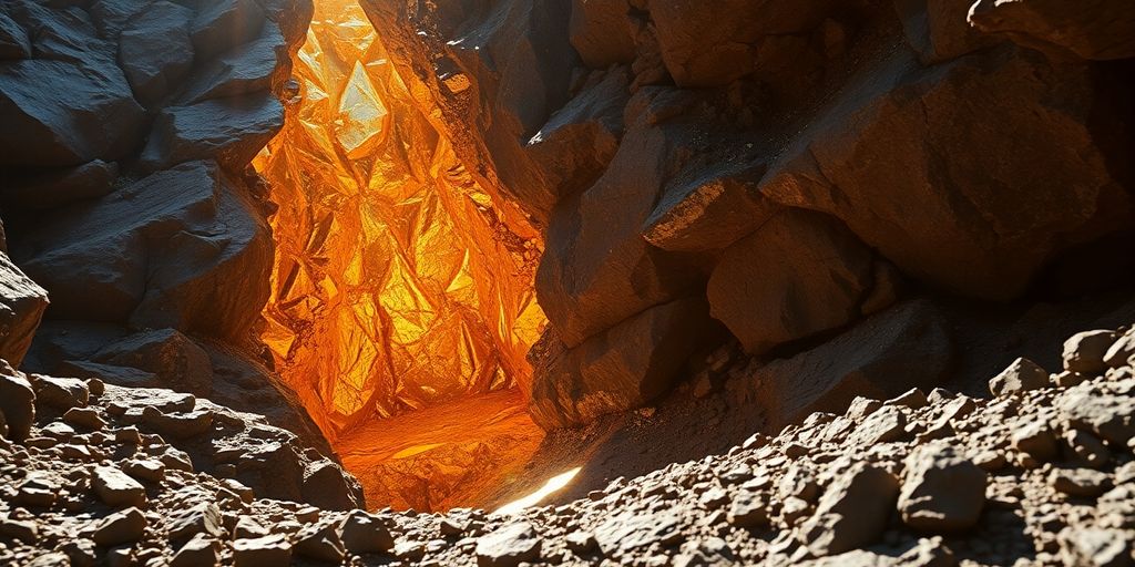 Mine d'or à ciel ouvert avec des montagnes en arrière-plan.