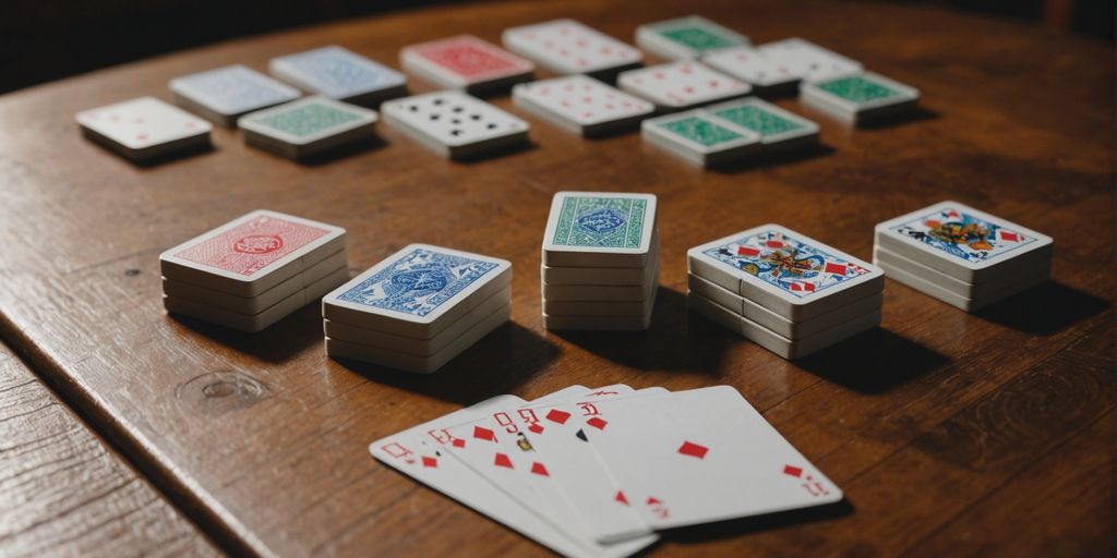 Mahjong tiles and poker cards setup on a table.