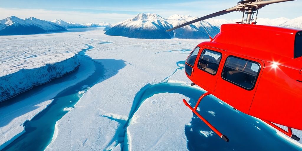A red helicopter flying over a massive Alaskan glacier.