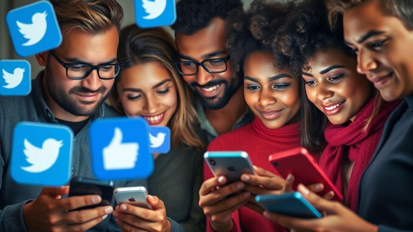 Diverse people using smartphones with social media icons.