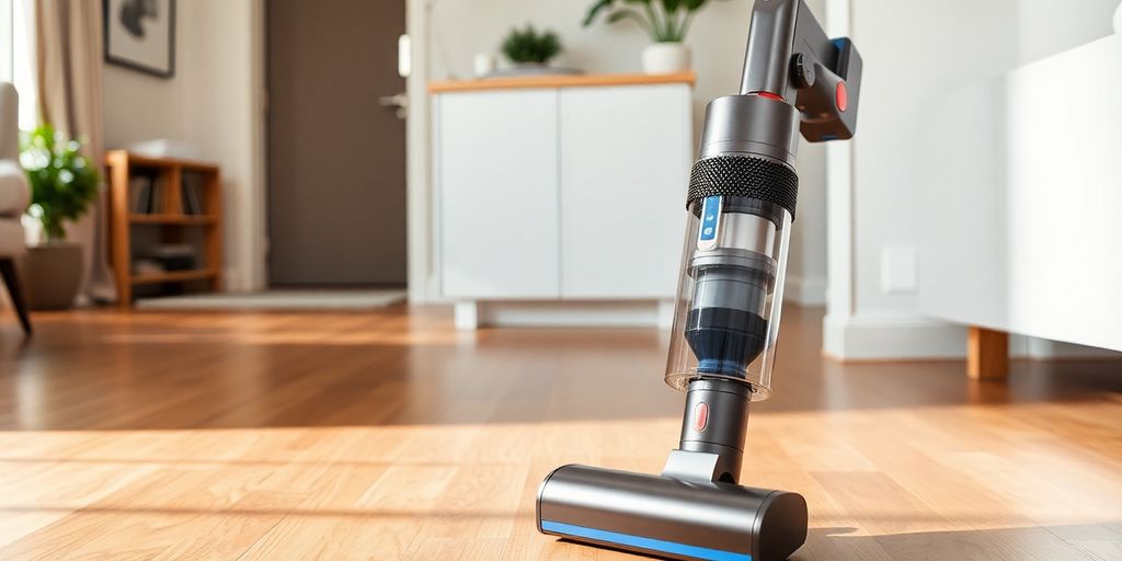 Dyson V7 Akku Staubsauger auf Holzfußboden.