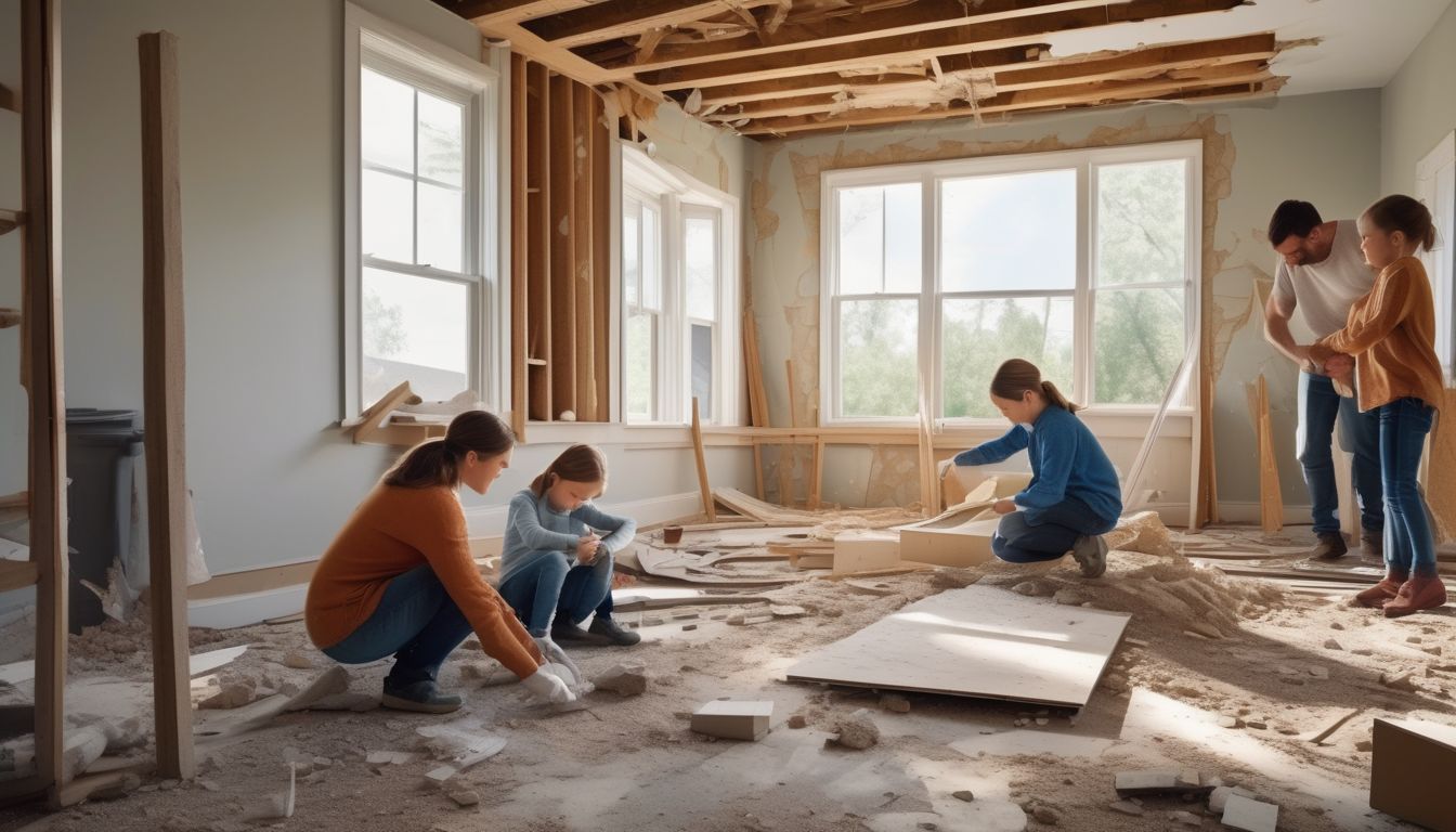 family in a partially renovated home, dealing with construction chaos, showing both stress and teamwork