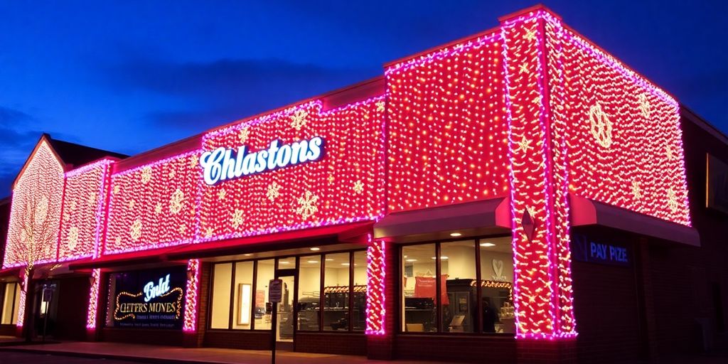 Commercial Christmas lights on Clayton building.