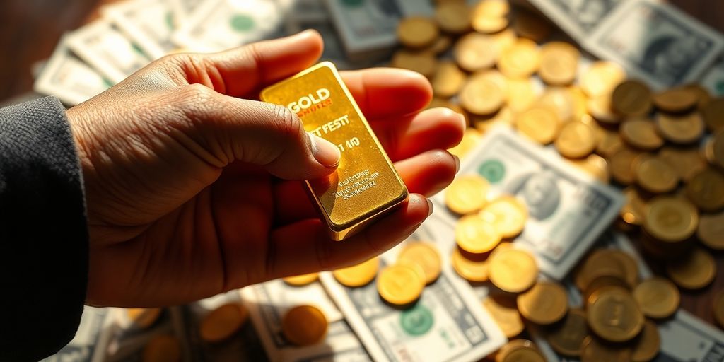 Main d'une personne tenant une barre d'or.