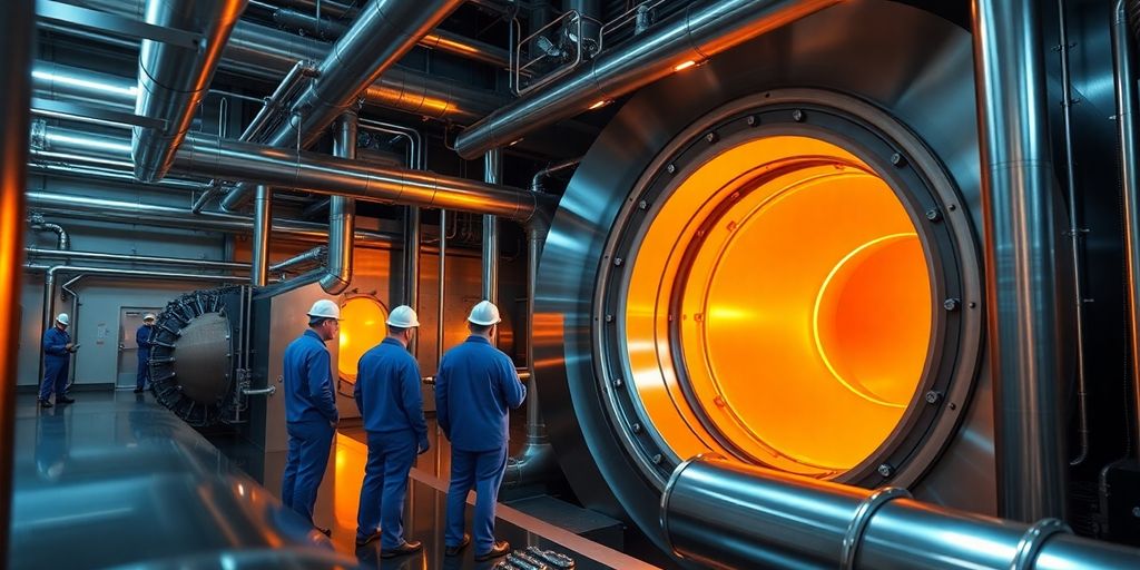 Engineers in blue suits inspecting glowing molten salt reactor core.