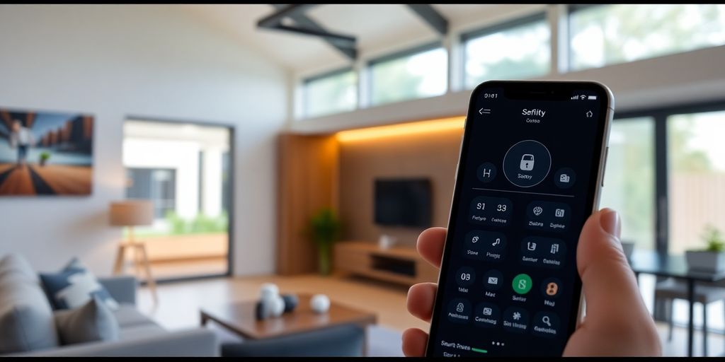 Home with glowing security shield and connected devices.