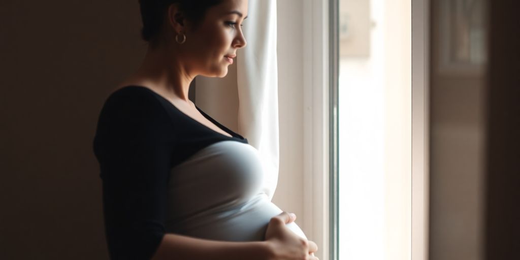 Mulher grávida com expressão preocupada