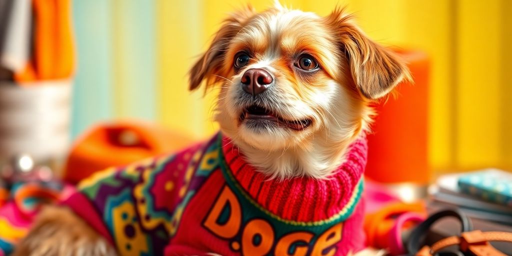 A dog in a colorful Doge sweater outdoors.