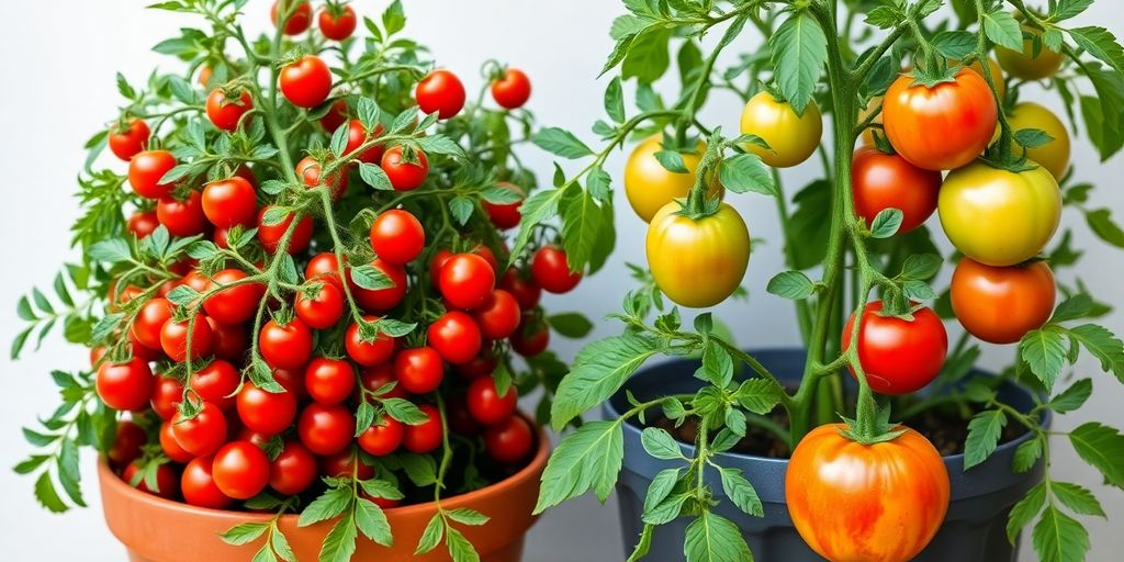 Tomatenpflanzen in Kübeln: Buschtomate und Stabtomate.