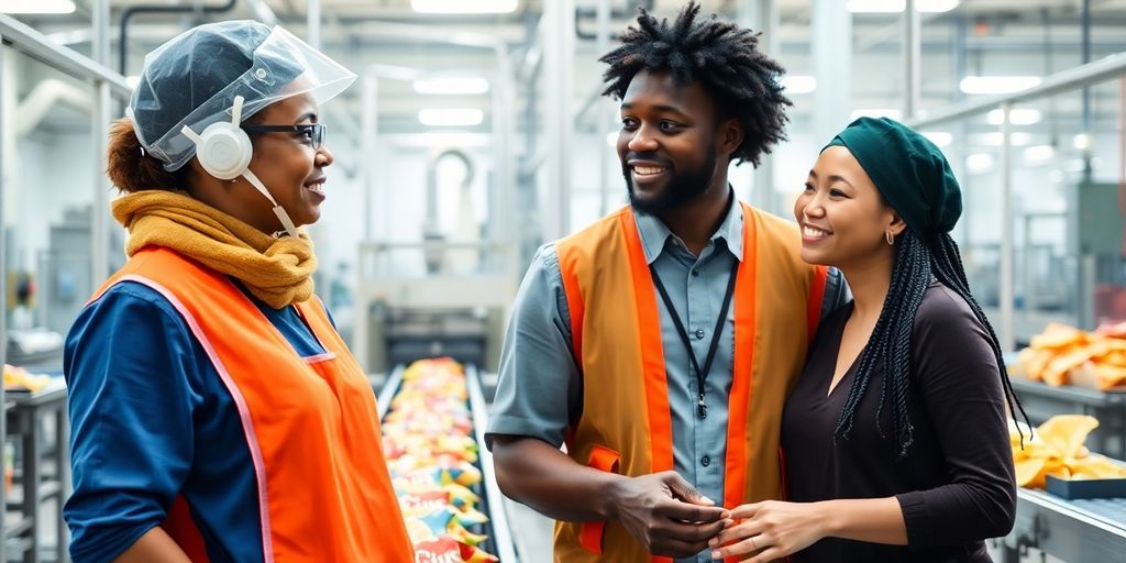 Two employees and supervisor in modern clean snack production facility.