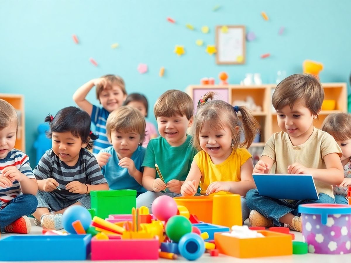 Copii jucându-se creativ cu jucării colorate.